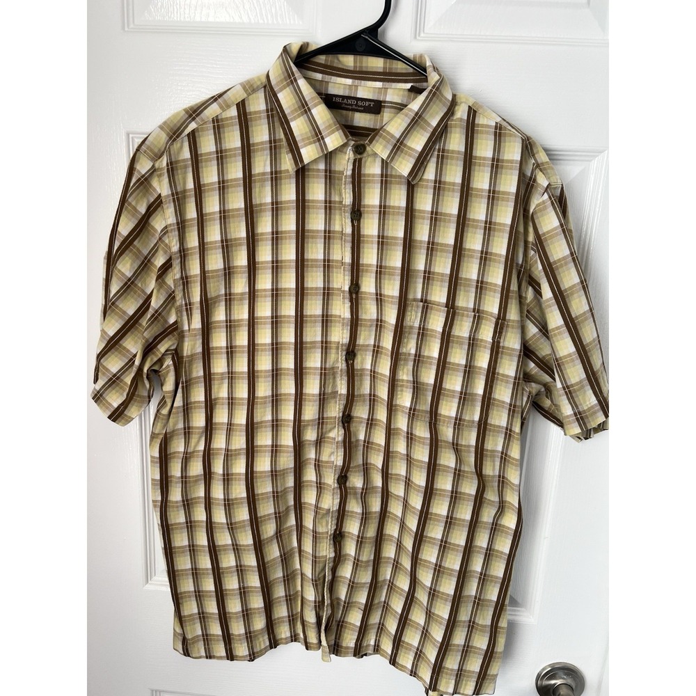 Tommy Bahama Island Soft Mens Large Brown Yellow Plaid Cotton Short Sleeve Shirt